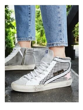 Golden Goose GGDB 𖣴 White Check Slide Hi Top Zip Sneakers 𖣴 B&W Leather 𖣴 39 𖣴